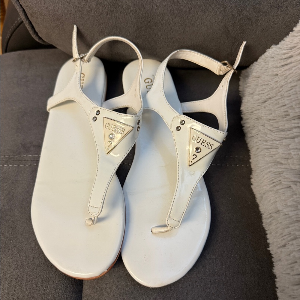 GUESS White T-Strap Sandals
